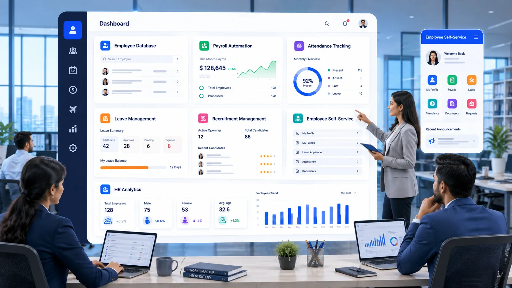 Key features of HR and payroll software including payroll, attendance, and employee management.