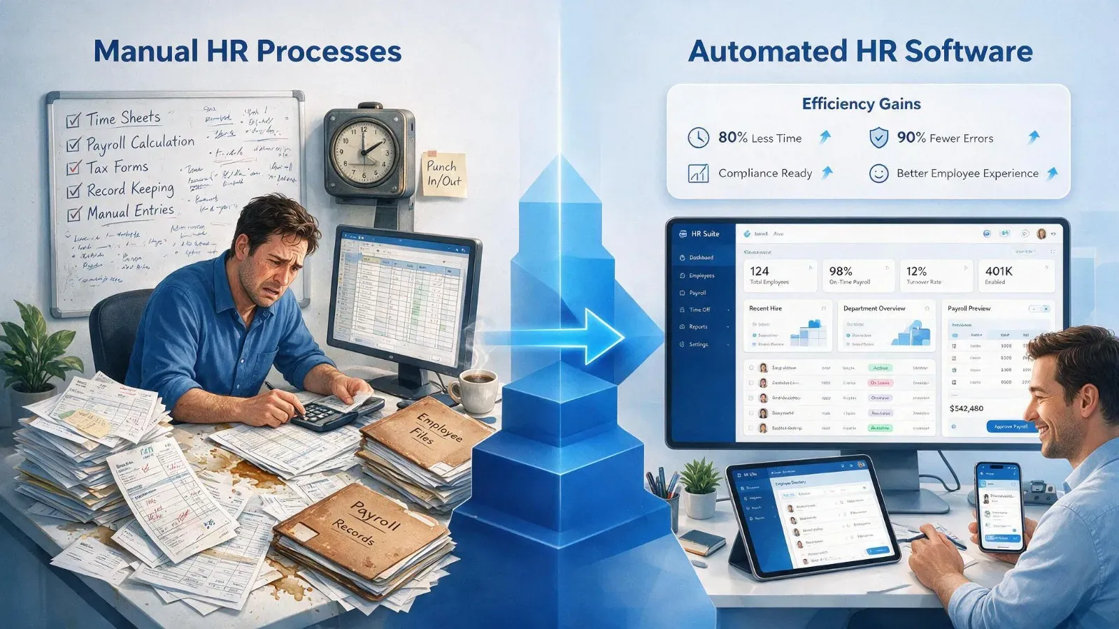 Small businesses using HR software to replace manual employee and payroll management. 